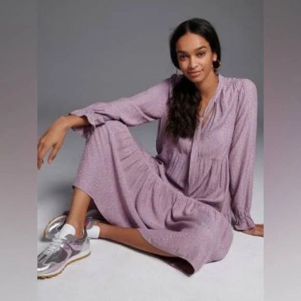 Maeve Anthropologie Maxi Dress Womens XS Purple Wendy Tiered Tie Neck Boho Loose
